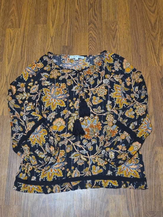 cleo Tops - Cleo Petites M Black Gold Floral Boho Peasant Blouse Tassel Tie Long Sleeve Top